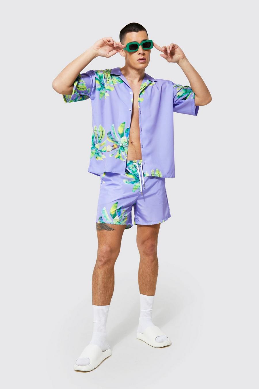 Lilac Boxy Fit Palm Print Shirt And Shorts Set image number 1