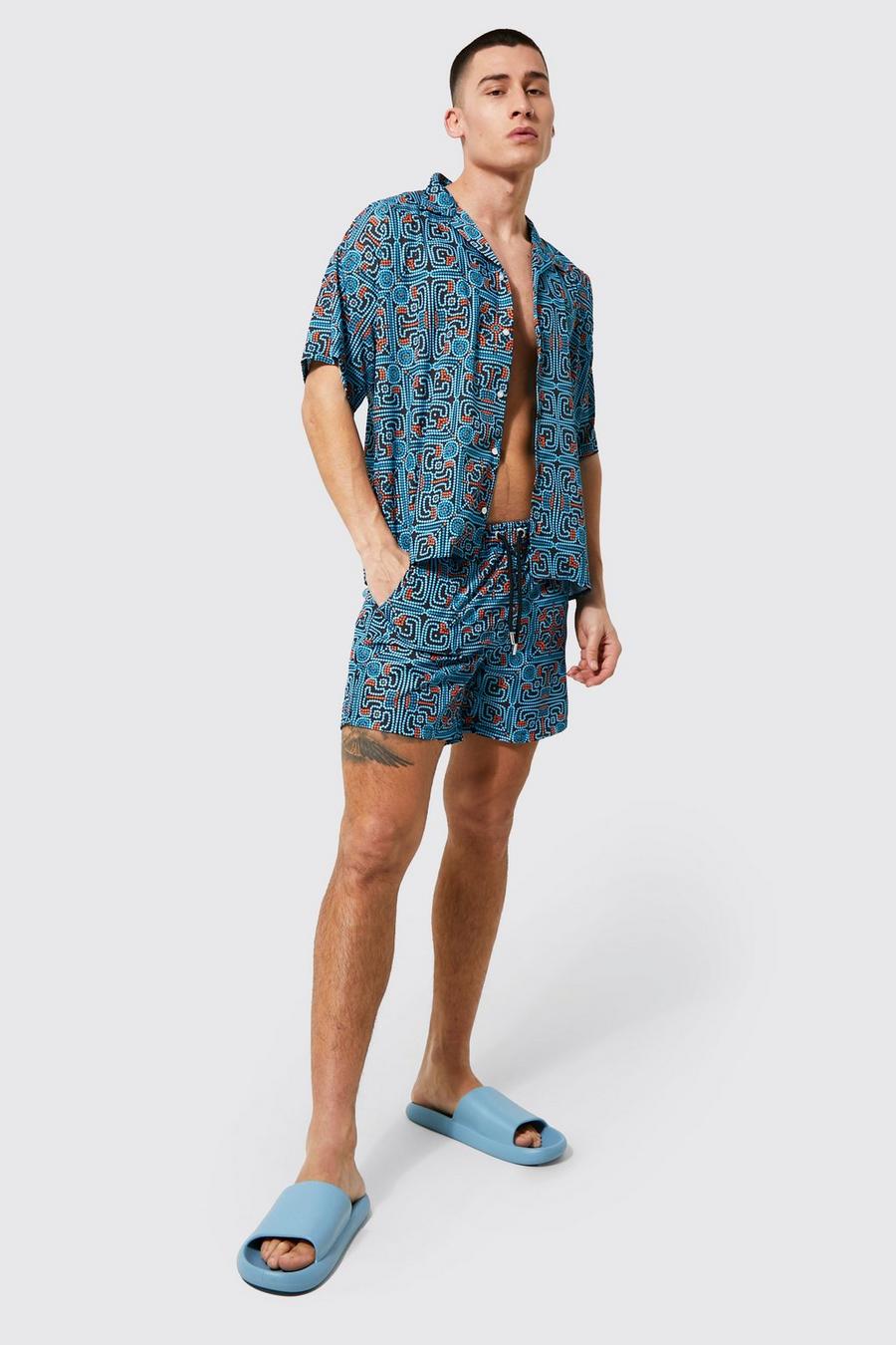 Chocolate Boxy Fit Tapestry Print Shirt And Shorts Set image number 1