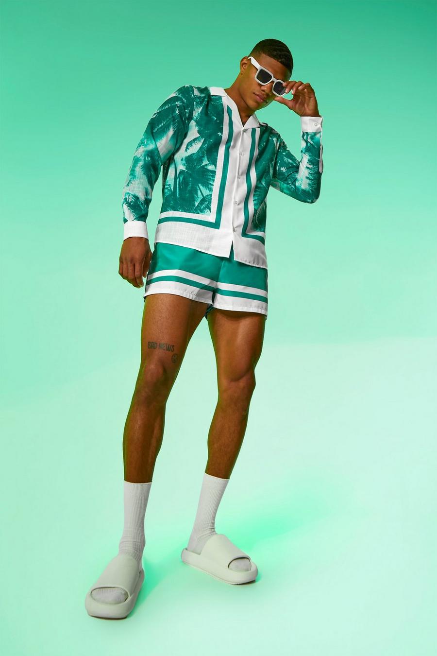 Green Textured Palm Border Shirt And Swims Set image number 1