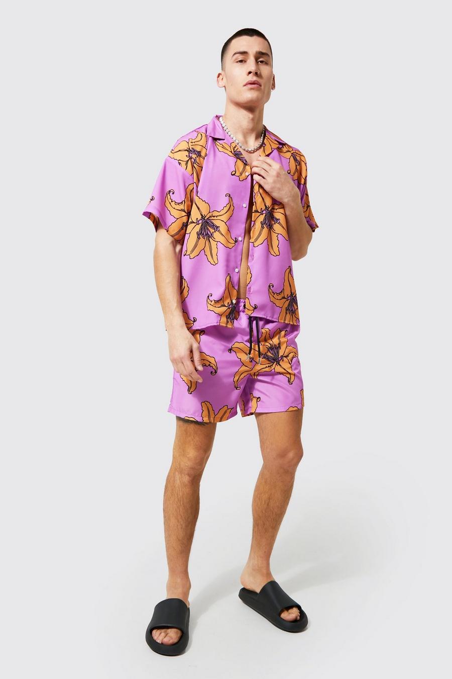Bright lilac purple Boxy Fit Floral Shirt And Swim Shorts Set image number 1