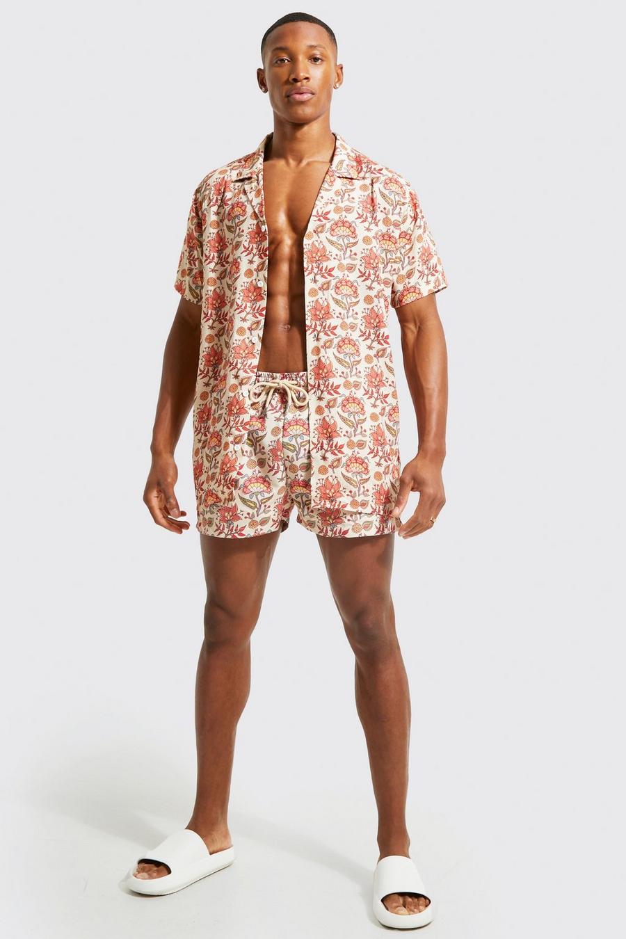 Ecru white Viscose Tapestry Floral Shirt And Swims Set