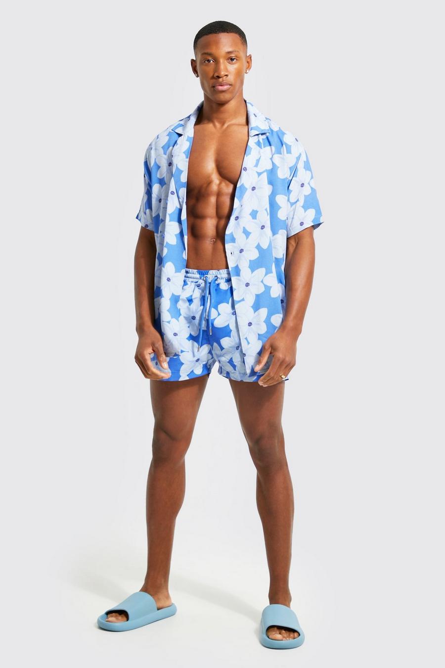 Blue Viscose Wrap Front Floral Shirt And Swims Set image number 1