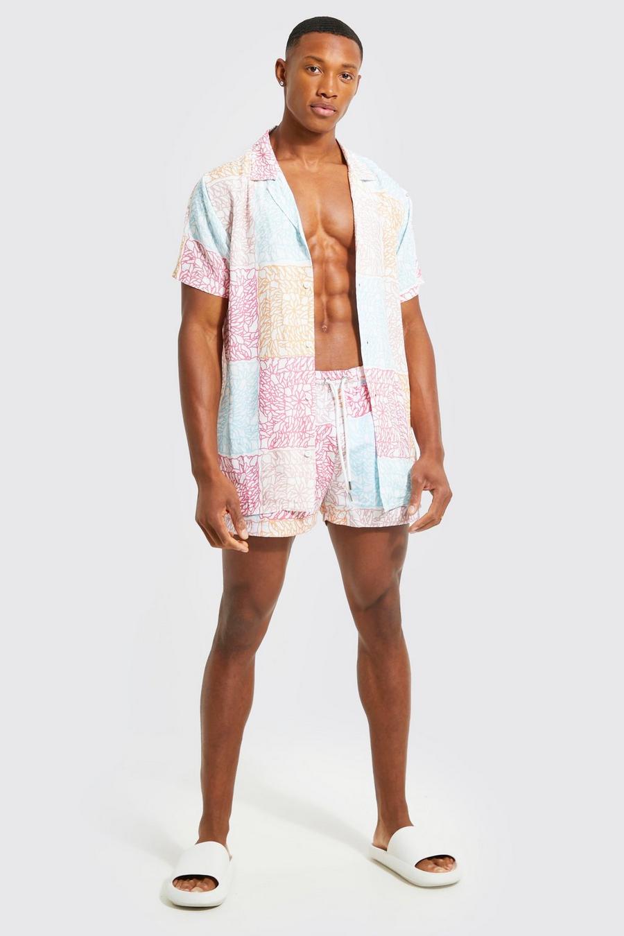 Coral pink Viscose Patchwork Print Shirt And Swims Set