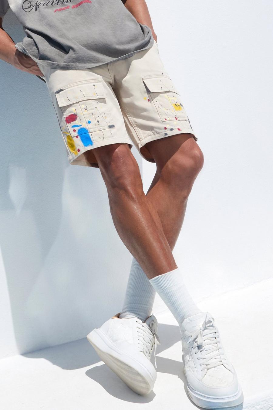 Stone beige Straight Leg Twill Paint Cargo Shorts image number 1