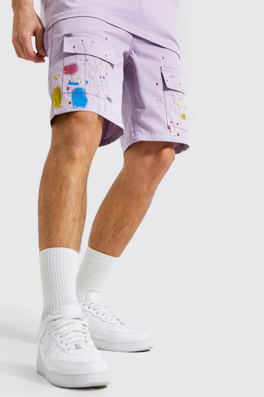 Lilac Straight Leg Twill Paint Cargo Shorts