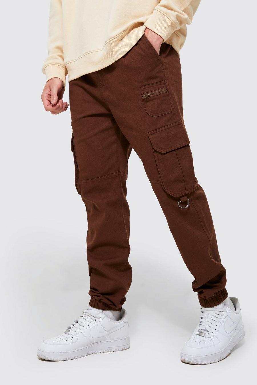 Chocolate brown Slim Fit Cargo Trousers With Zip Pocket