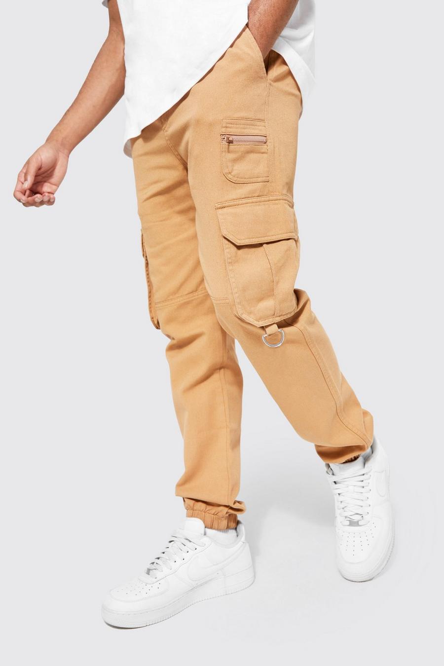 Stone beige Slim Fit Cargo Trousers With Zip Pocket