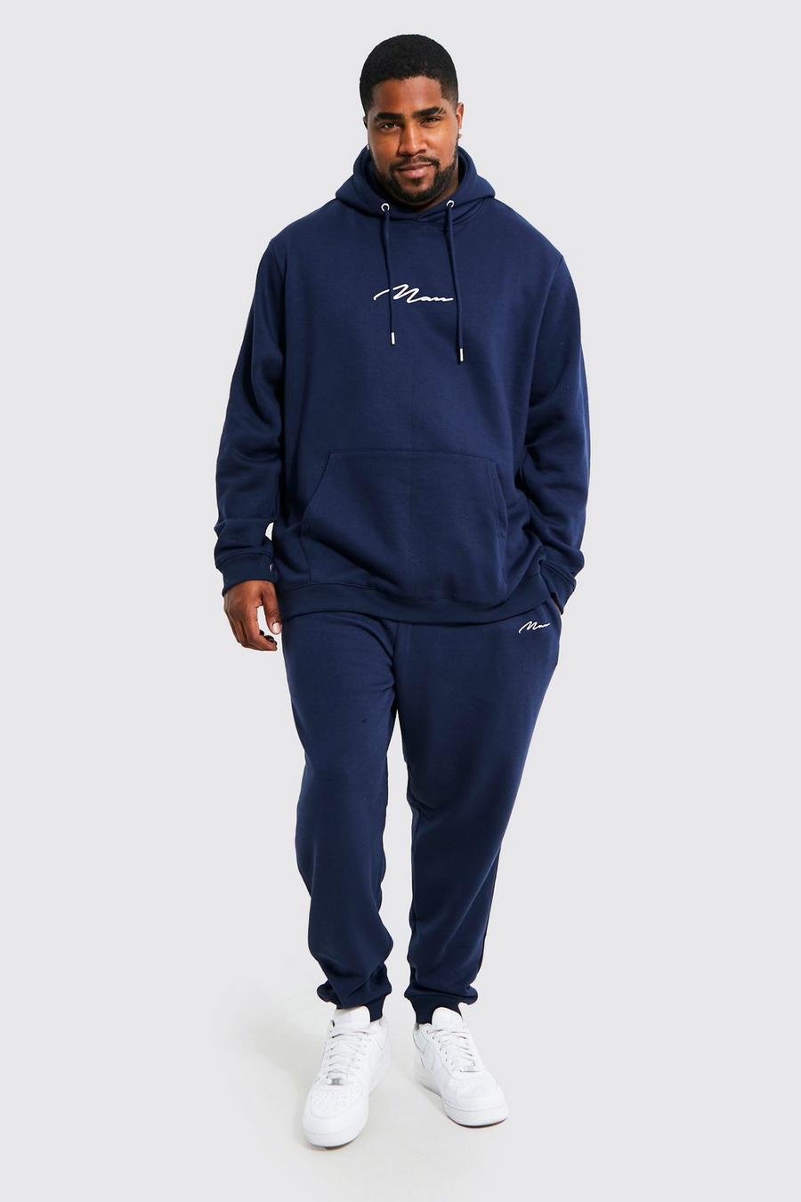 Tuta sportiva Plus Size con scritta Man e cappuccio, Navy azul marino image number 1