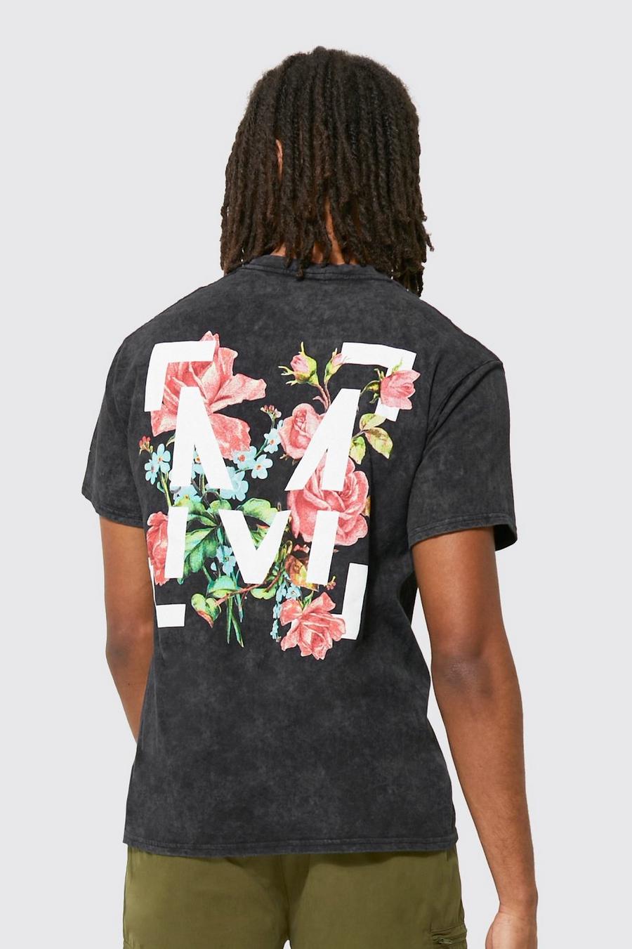 Charcoal grey Oversized Floral Acid Wash T-shirt