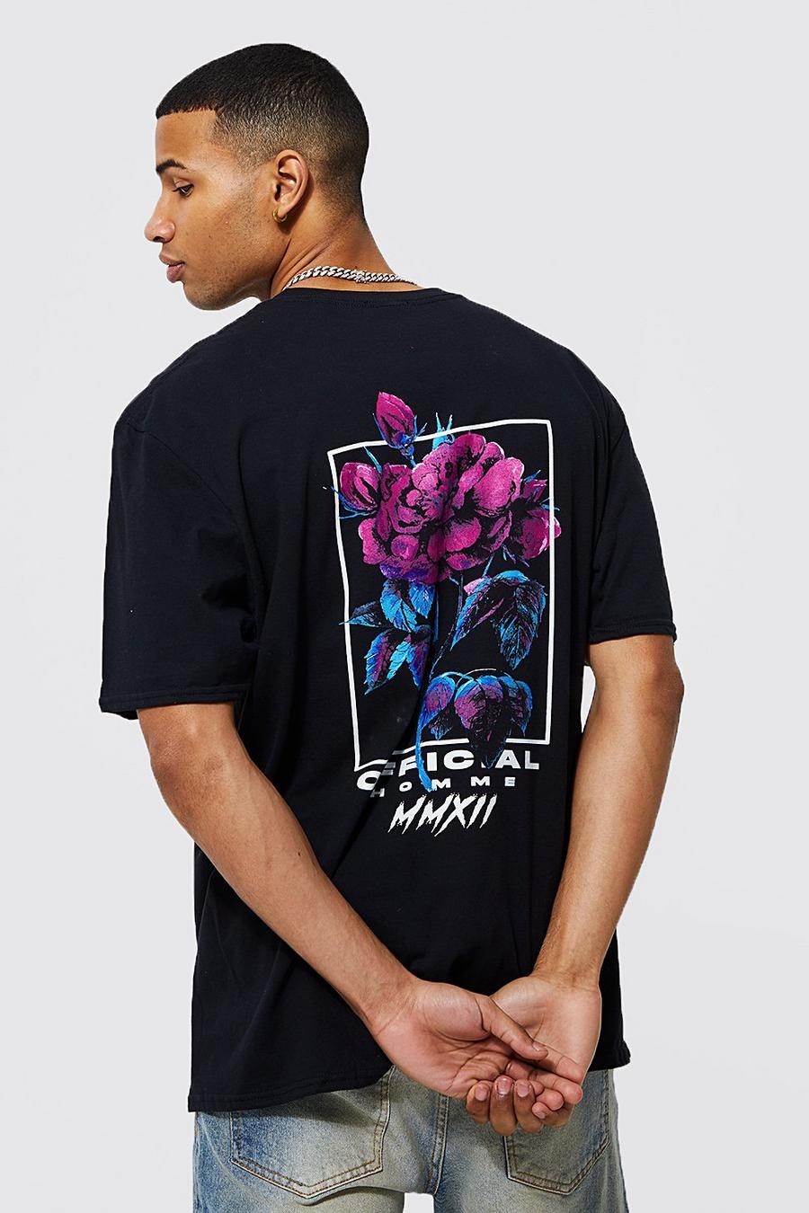 Camiseta oversize con estampado gráfico de flores en la espalda, Black image number 1