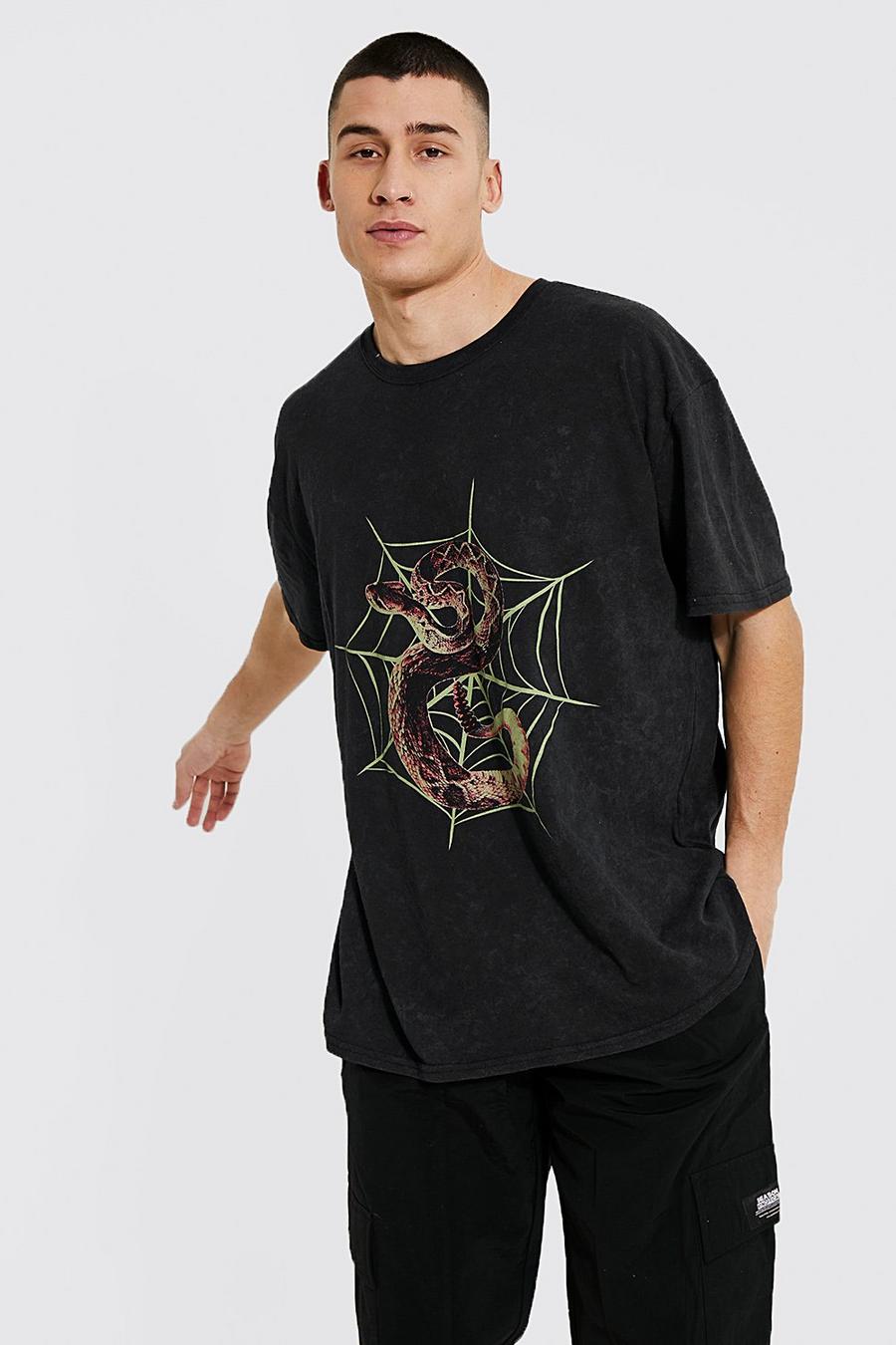 Charcoal Oversized Snake Graphic Acid Wash T-shirt image number 1