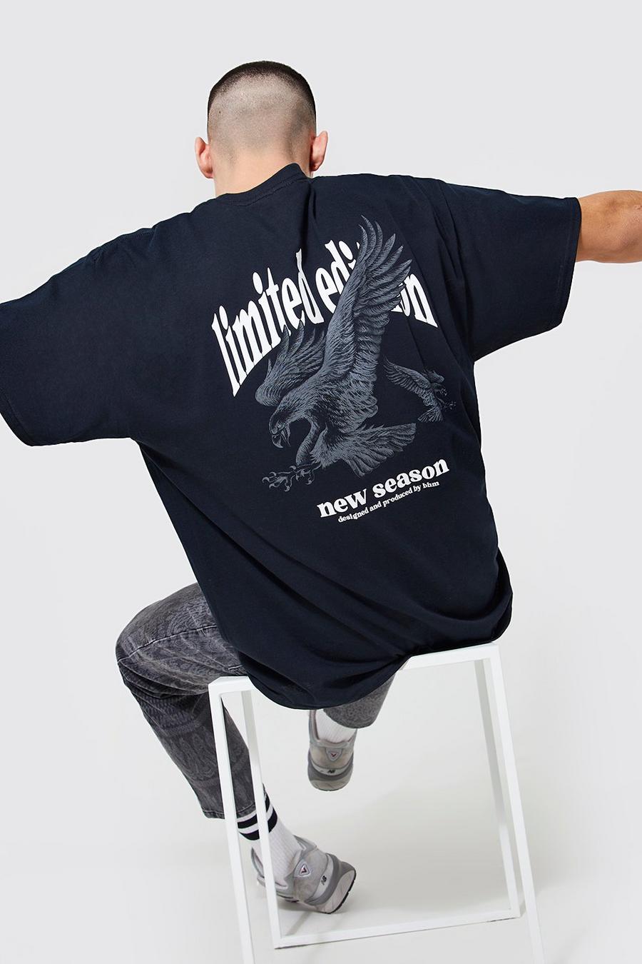 Camiseta oversize con estampado Limited Edition y águila, Black image number 1