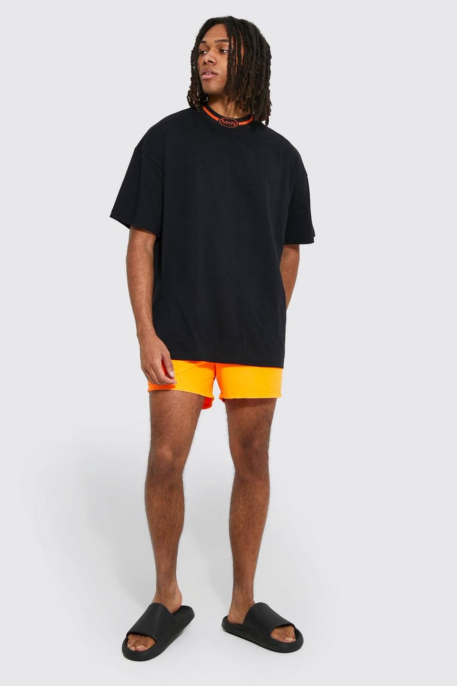 Neon-orange Oversized T-Shirt En Gerecyclede Korte Zwembroek Set