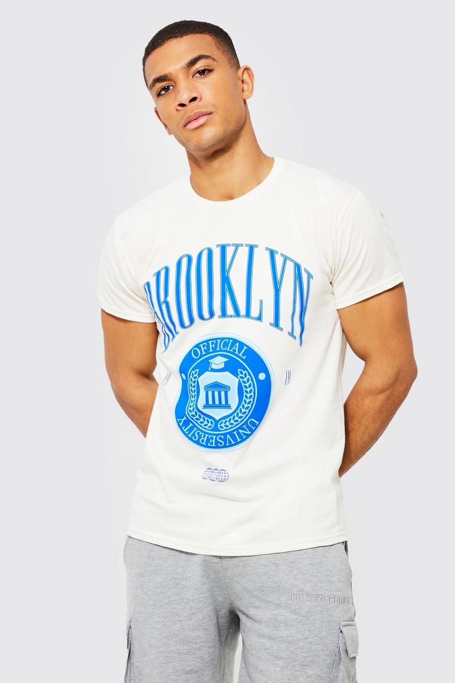 Camiseta oversize con estampado universitario de Brooklyn, Ecru blanco