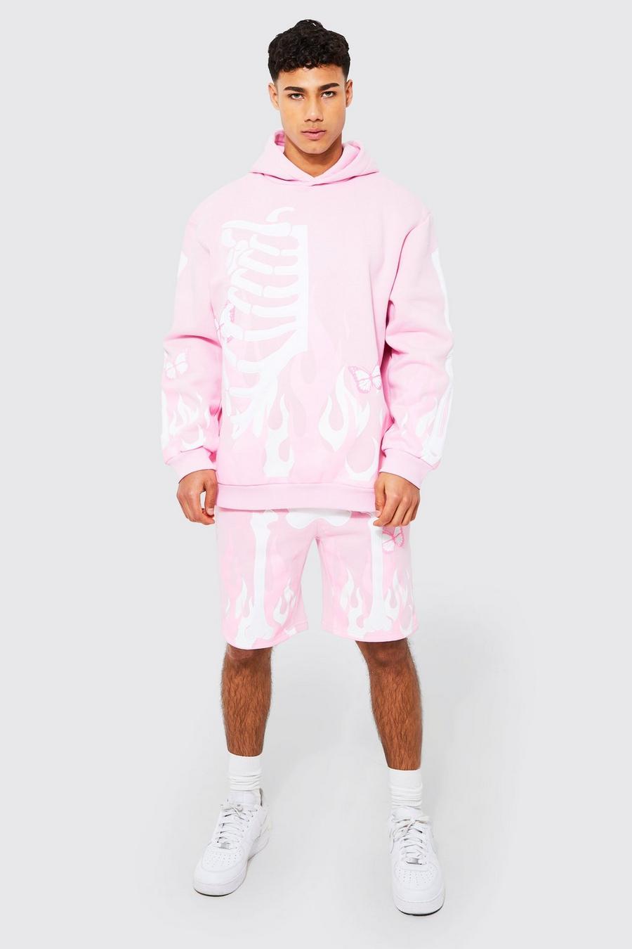 Pink Oversized Skeleton Flame Short Tracksuit image number 1