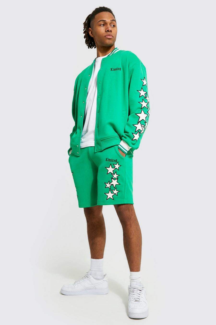 Oversize Bomberjacke & Shorts mit Sternen-Applique, Green grün