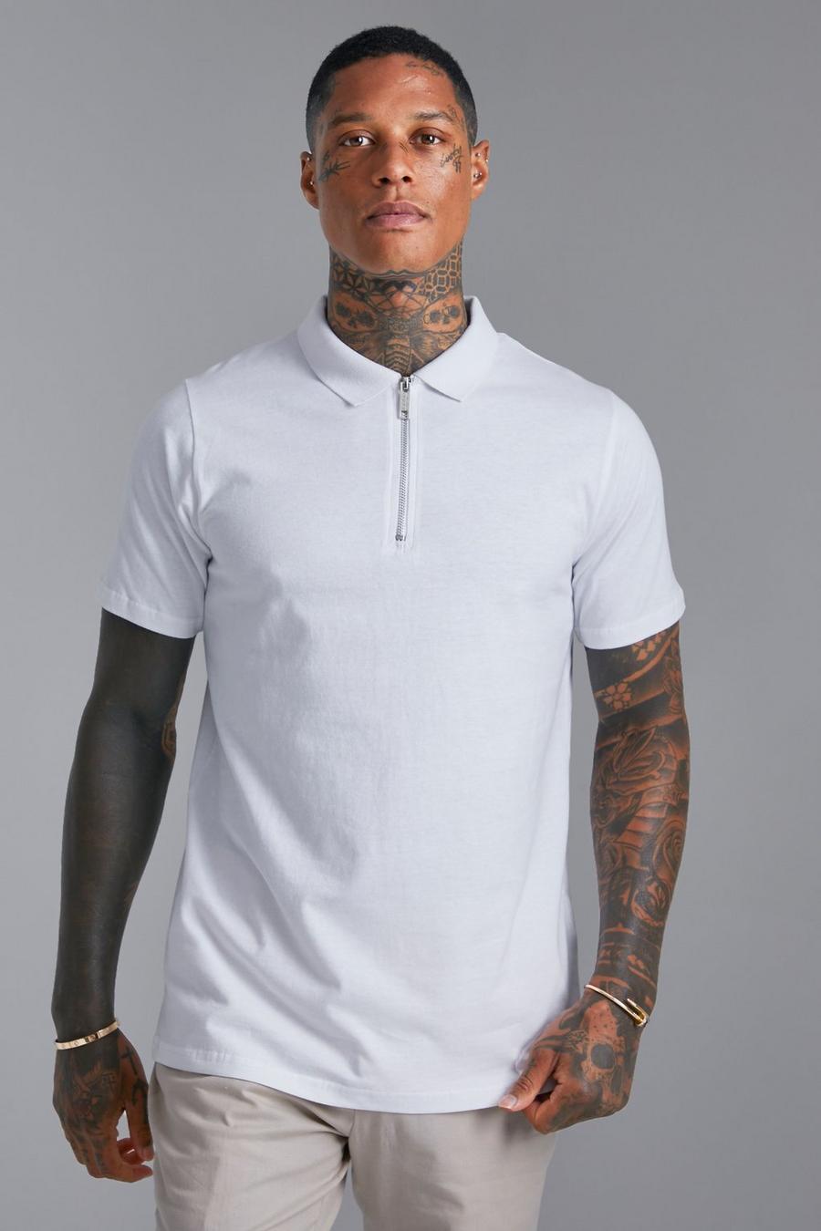 White Slim Fit Short Sleeve Zip Polo image number 1