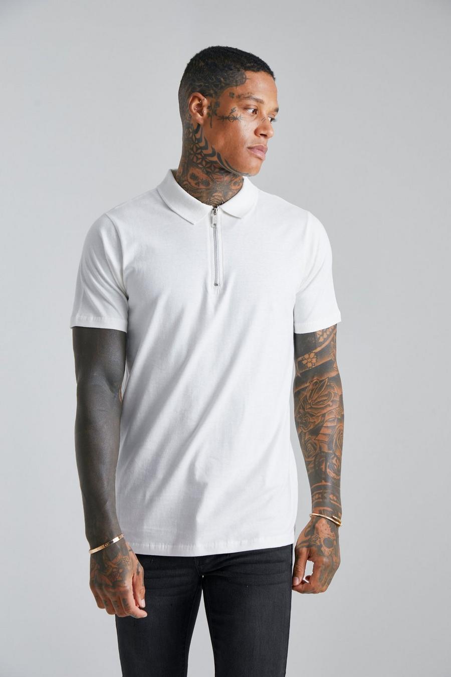 Ecru white Slim Fit Short Sleeve Zip Polo image number 1