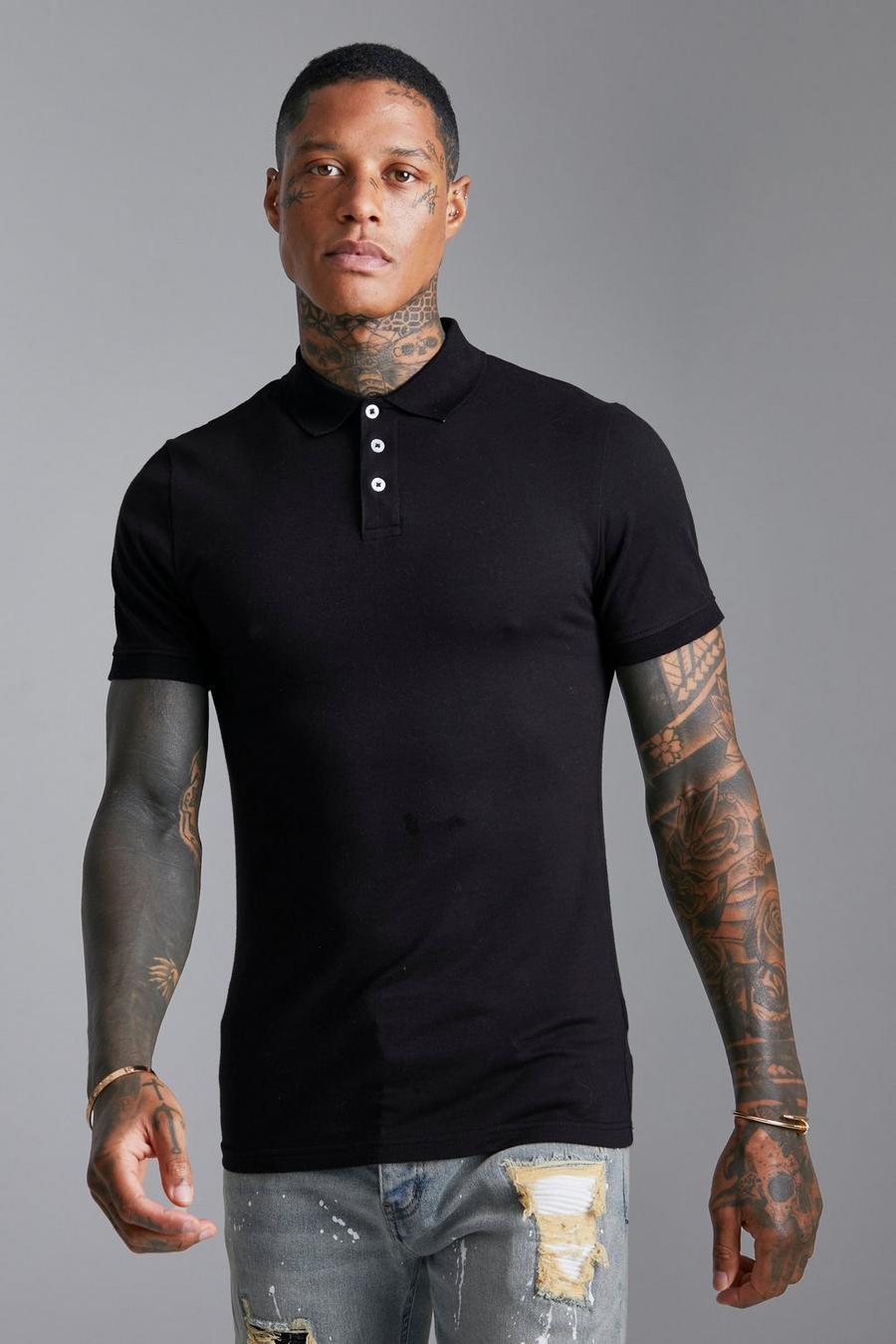 Black Muscle Fit Short Sleeve Polo