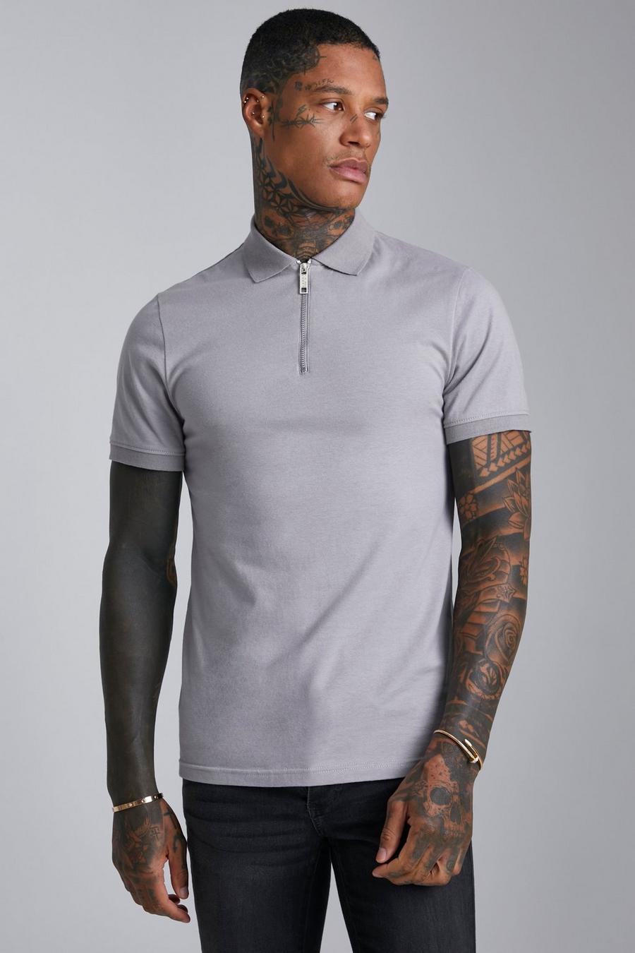 Charcoal gris Muscle Fit Short Sleeve Zip Polo