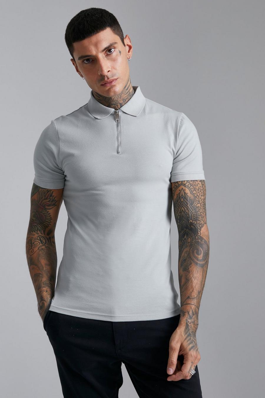 Grey grå Muscle Fit Short Sleeve Zip Polo image number 1