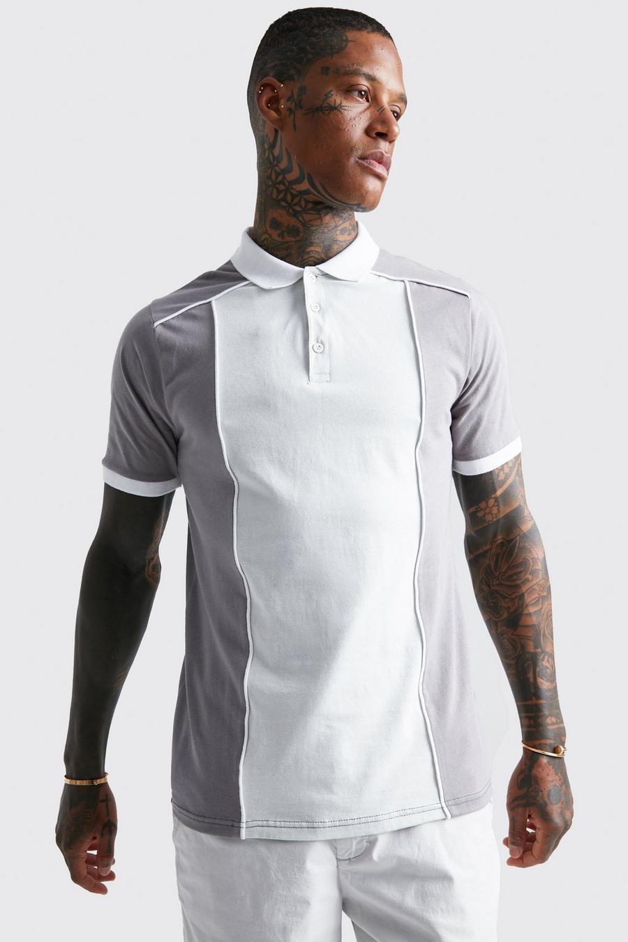 Grey Slim Fit Colour Block Piping Polo image number 1