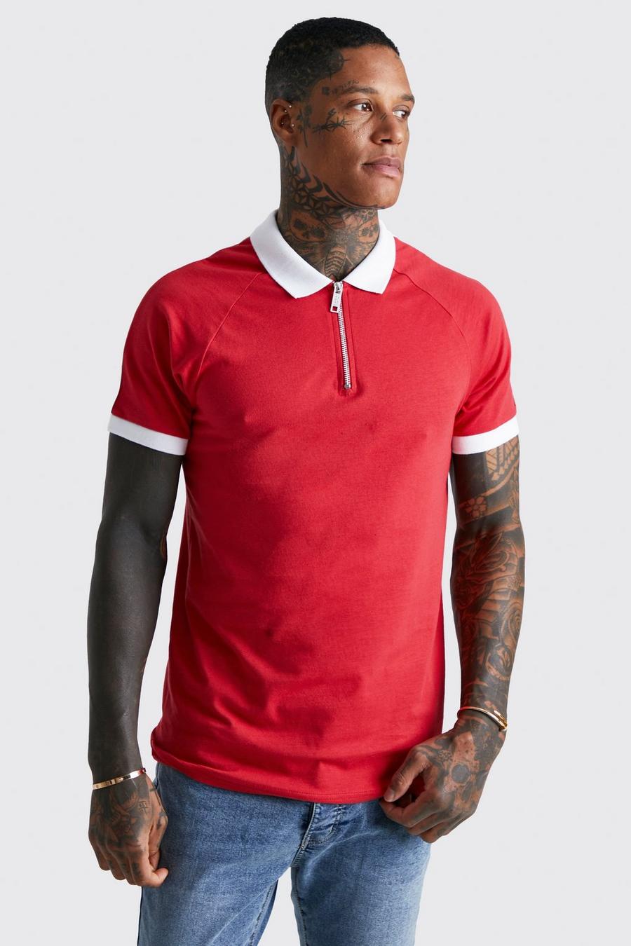 Red Slim Fit Contrast Piping Zip Polo image number 1