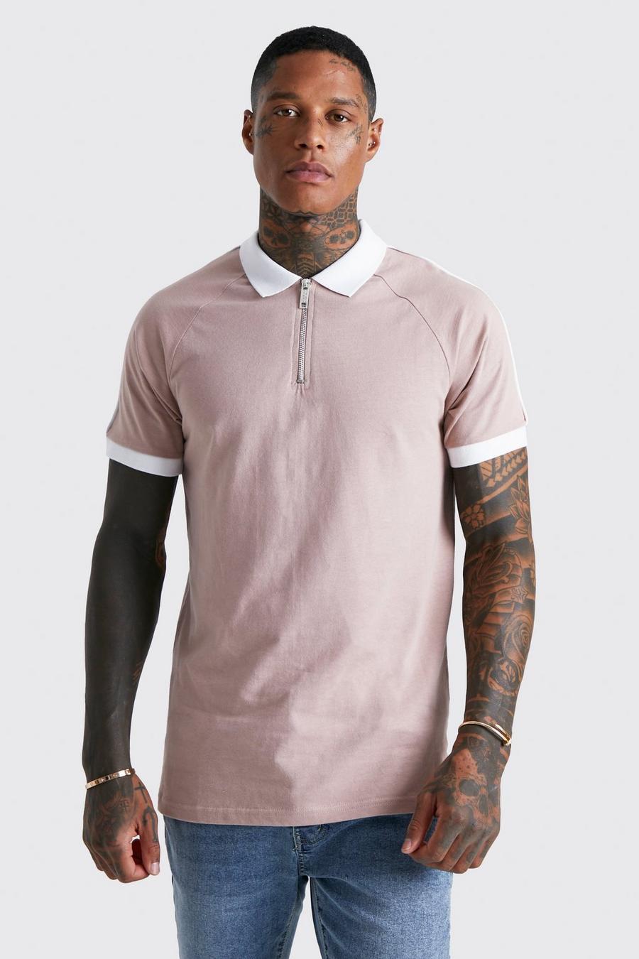 Bark brown Slim Fit Contrast Piping Zip Polo