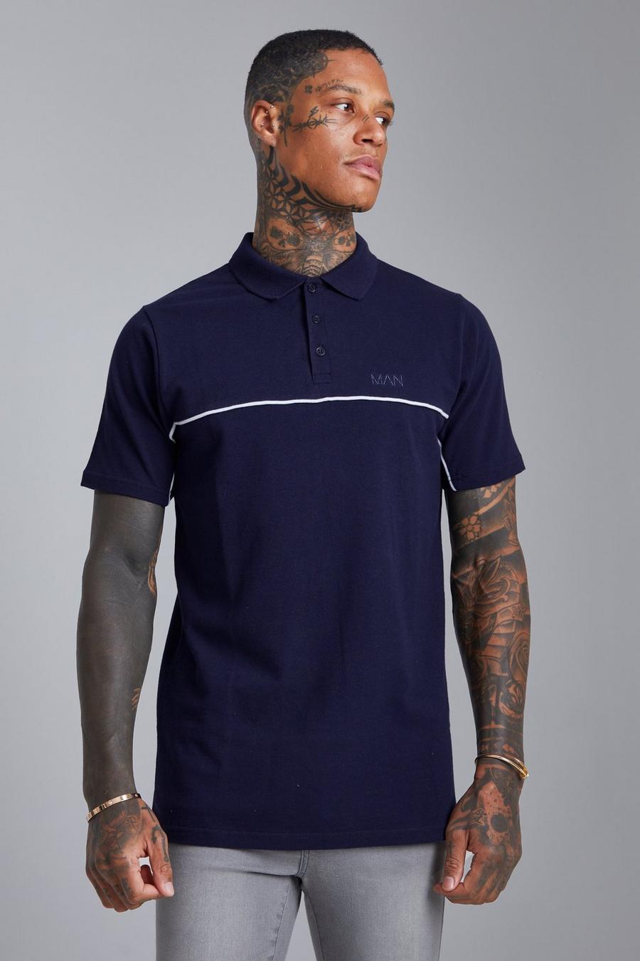 Navy Slim Fit Original Man Pique Polo With Piping image number 1