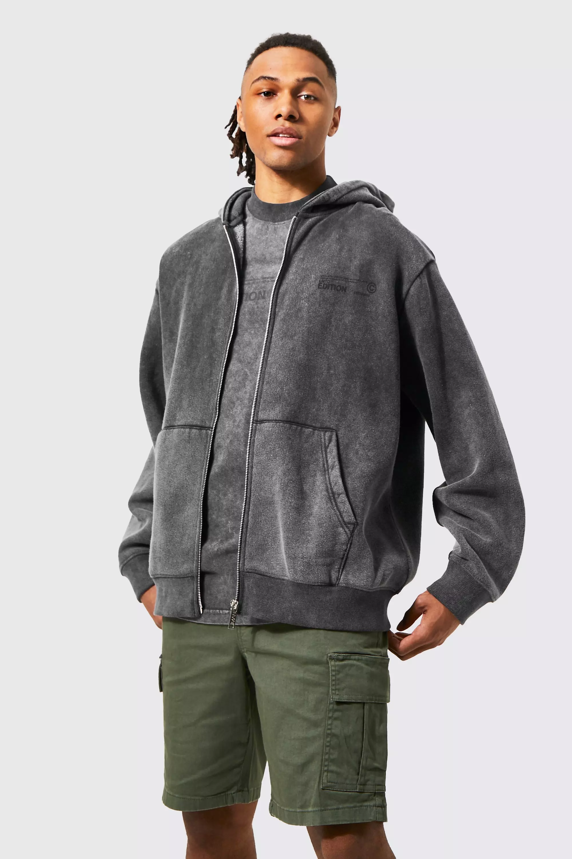 Oversized Washed Zip Through Hoodie