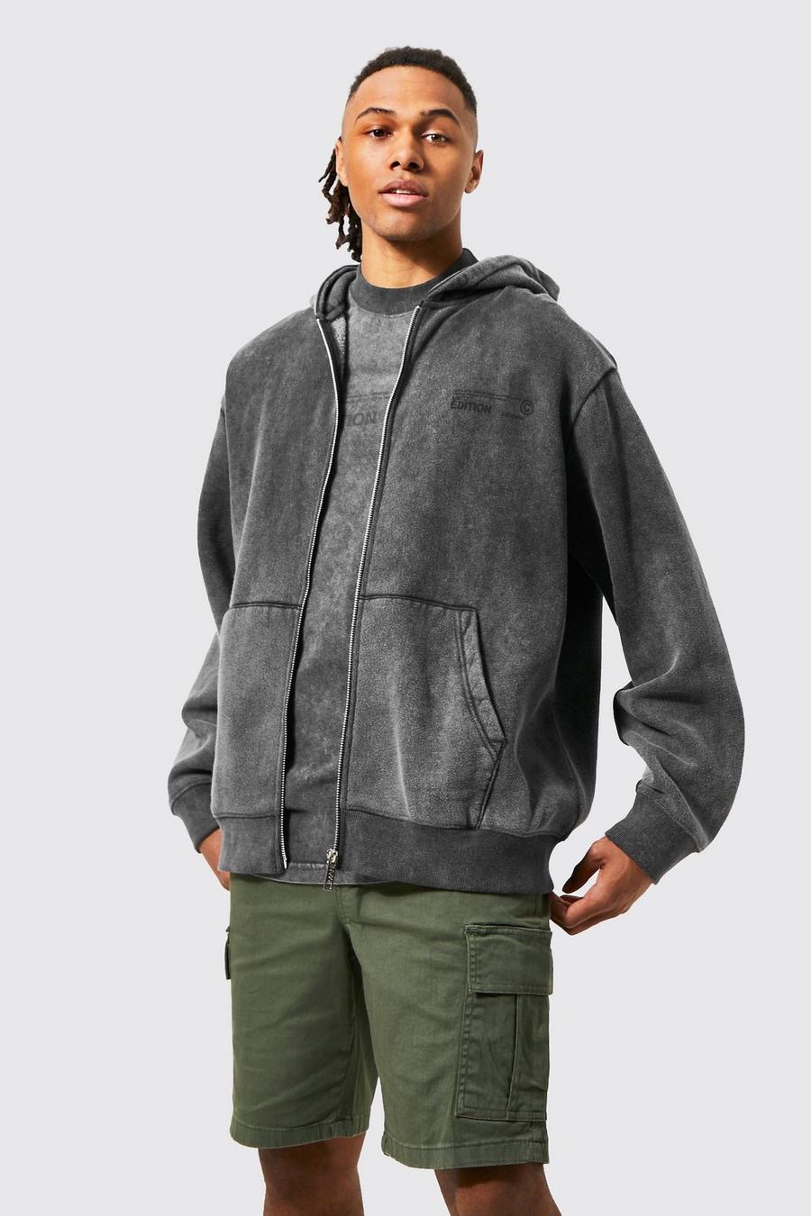 Charcoal grey Oversized Washed Zip Through Hoodie