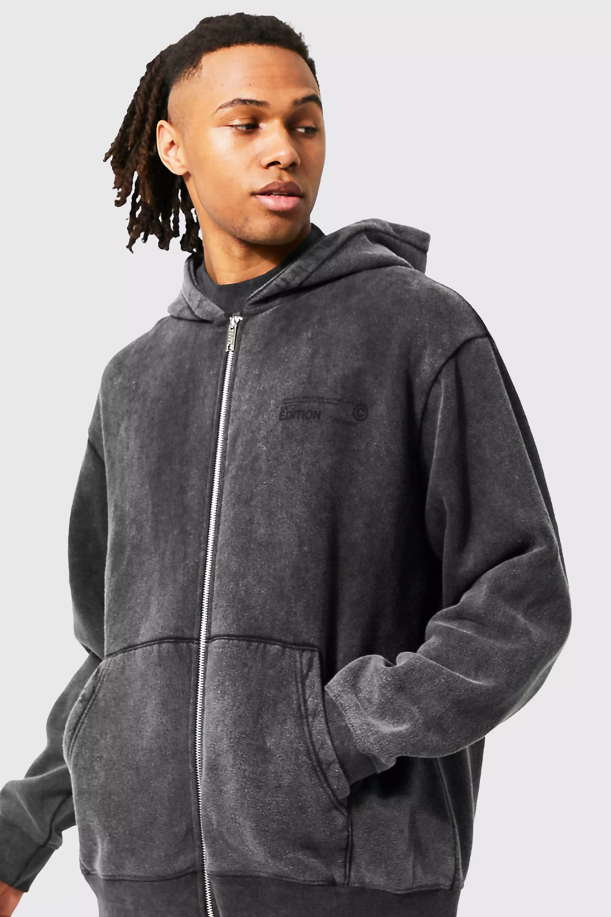 Oversized Washed Zip Through Hoodie