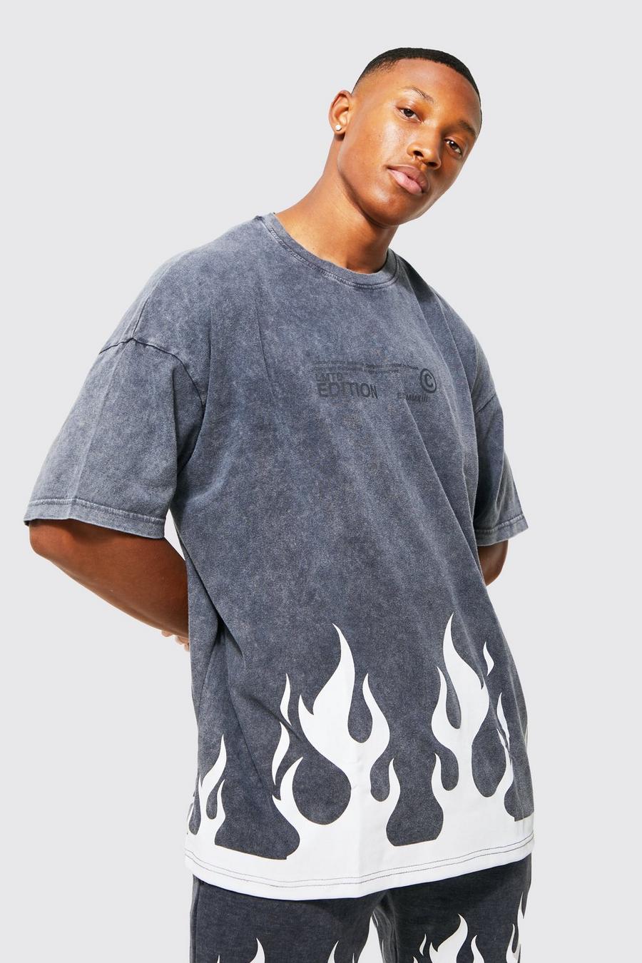Charcoal grey Oversized Flame Print Acid Wash T-shirt