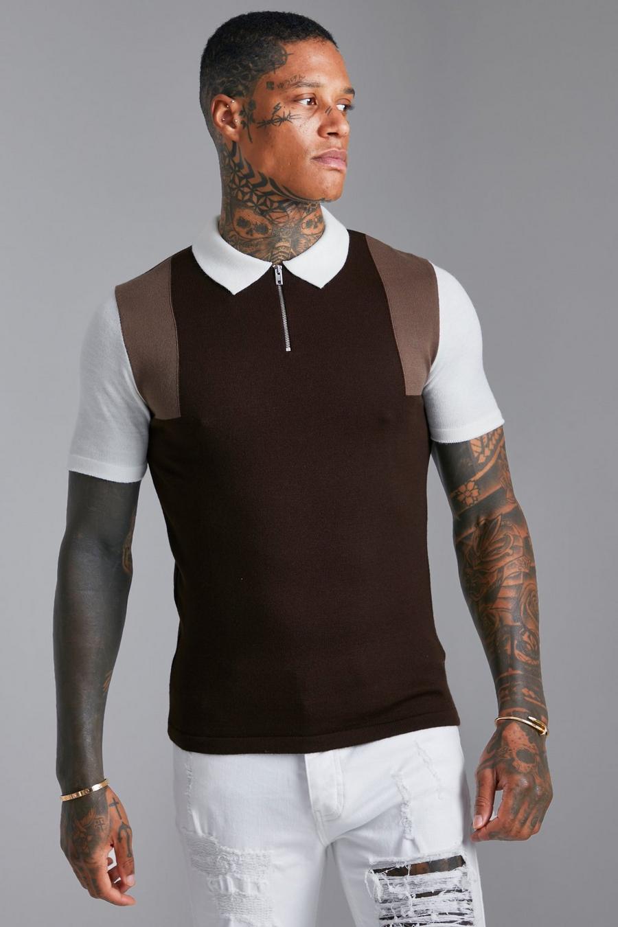 Chocolate Short Sleeve Muscle Fit Colour block Knit Polo image number 1