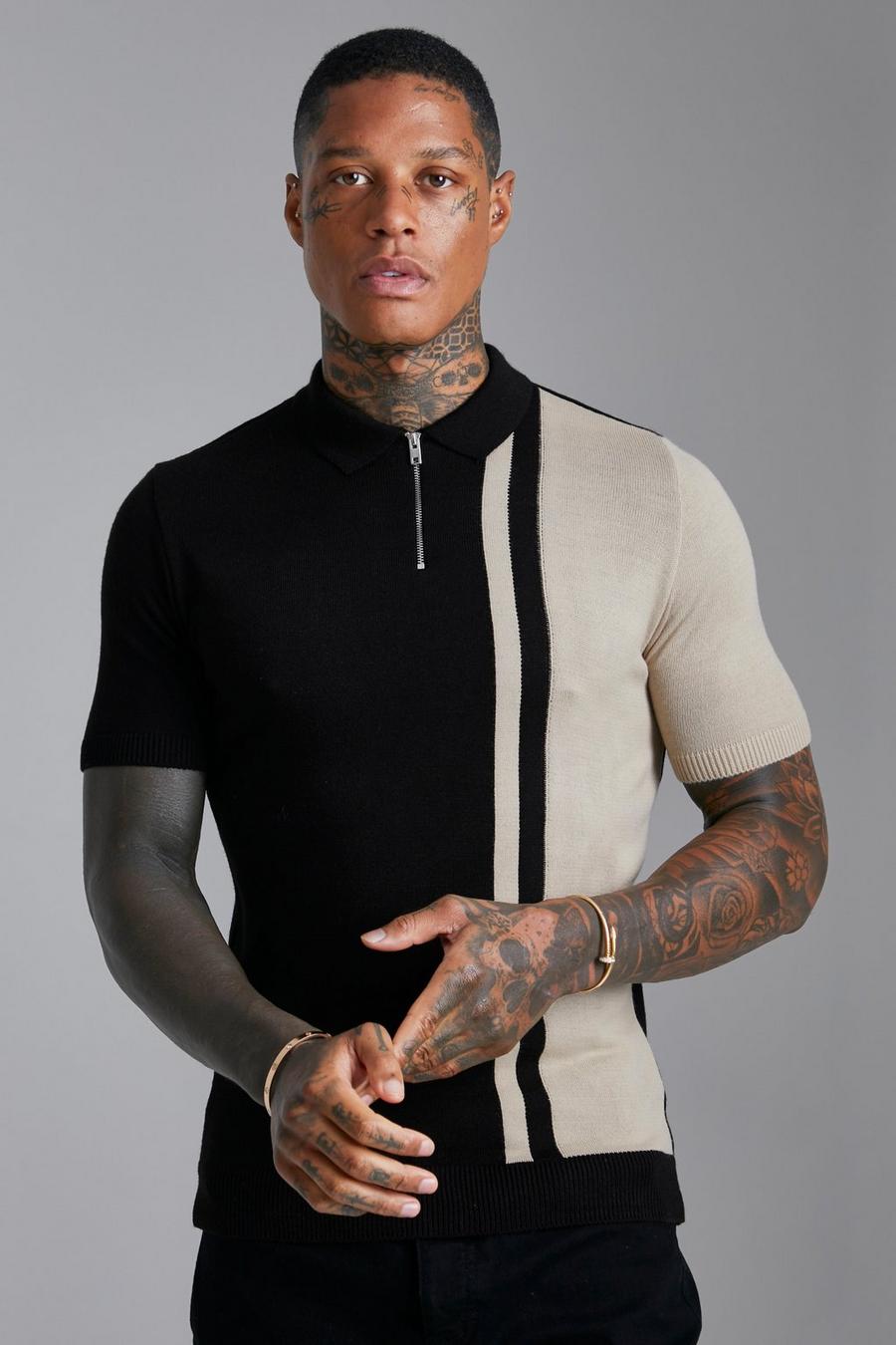 Black nero Short Sleeve Muscle Fit Colour Block Knit Polo image number 1
