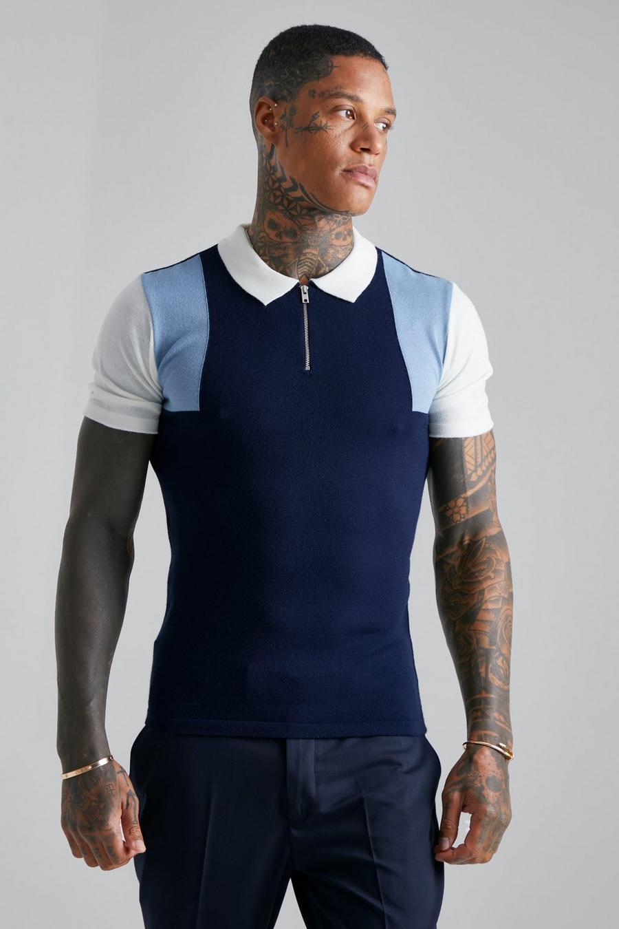 Blue Short Sleeve Muscle Fit Colour block Knit Polo image number 1