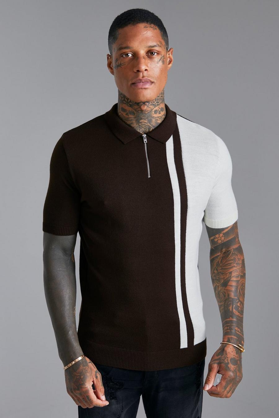 Chocolate brown Short Sleeve Muscle Fit Colour block Knit Polo