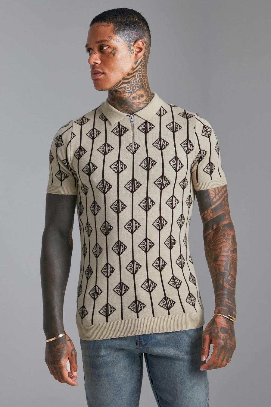 Stone beige Short Sleeve Muscle Fit Monogram Knitted Polo