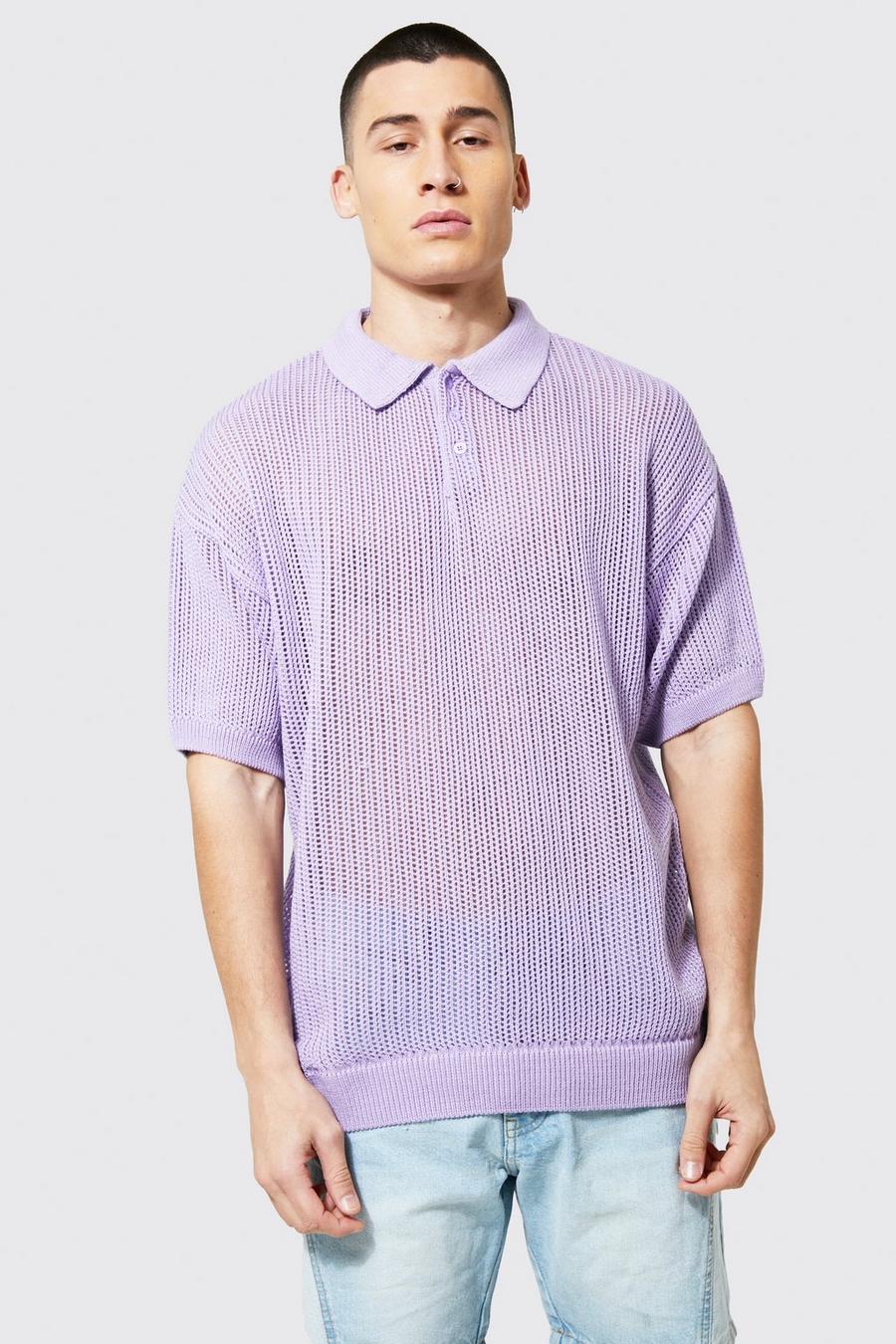 Lilac Oversized Short Sleeve Open Stitch Knitted Polo
