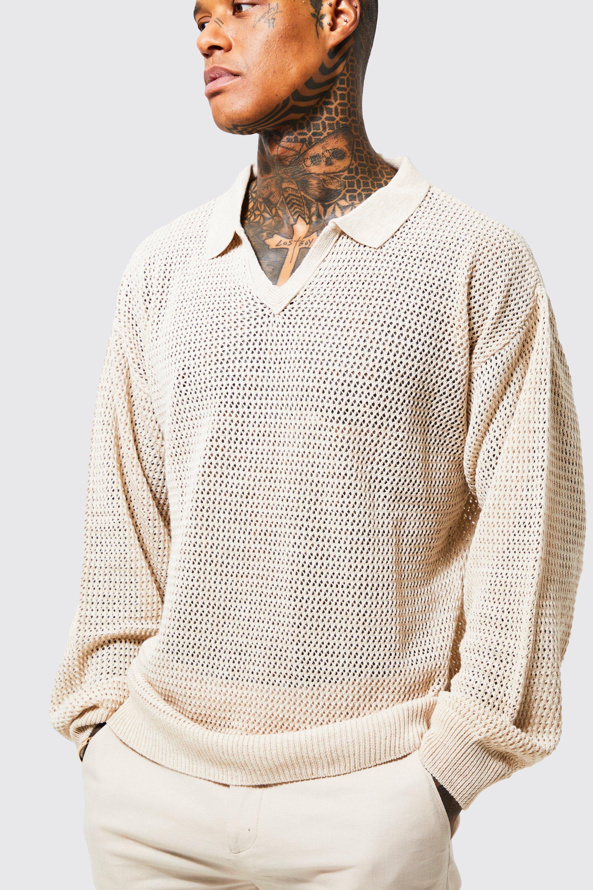 Knitted polo shirt mens long sleeve sale