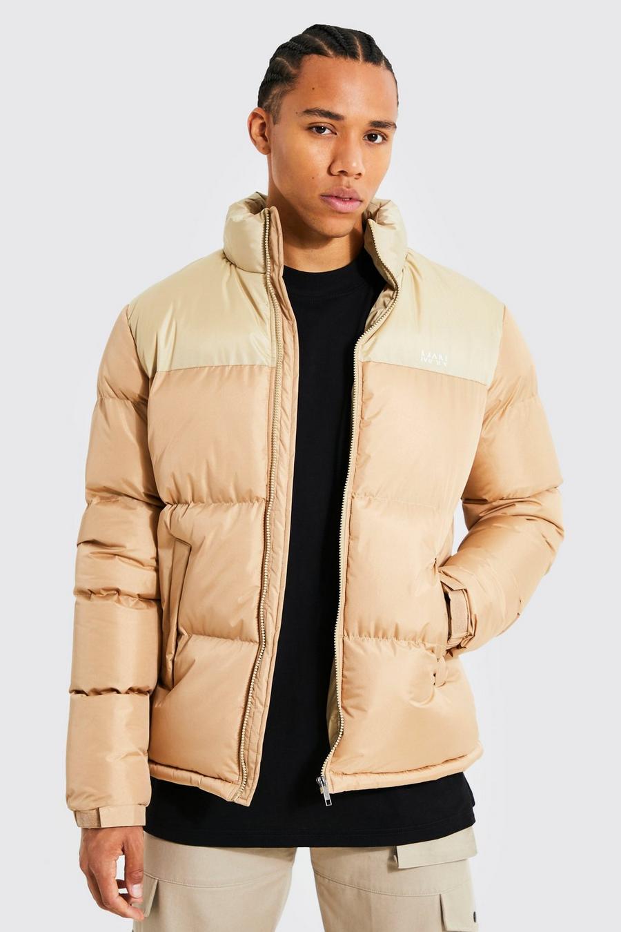 Tan MAN Dash Tall Puffer jacket med blockfärger image number 1