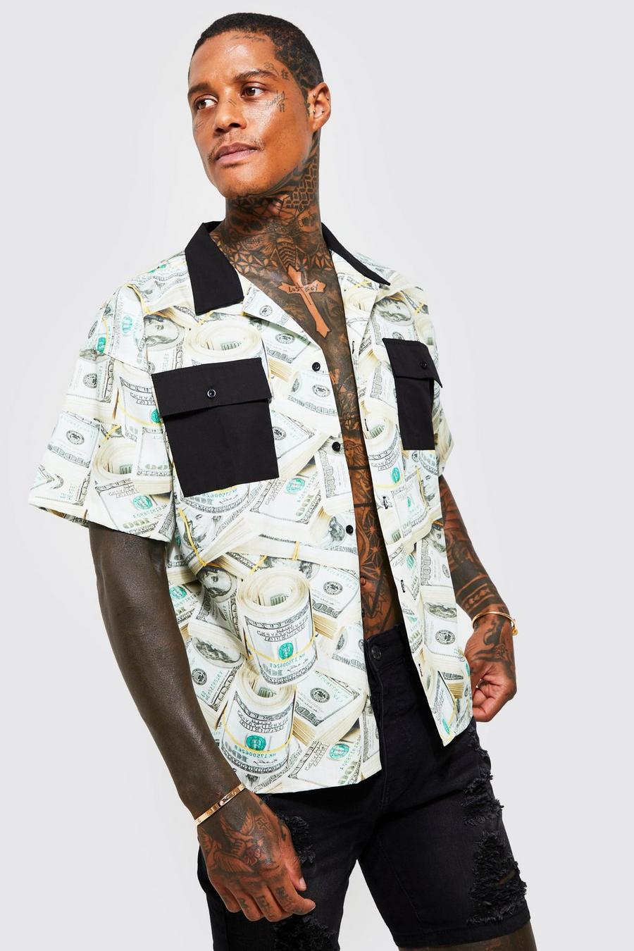 Camisa recta con bolsillos en contraste y estampado de dinero, Ecru blanco
