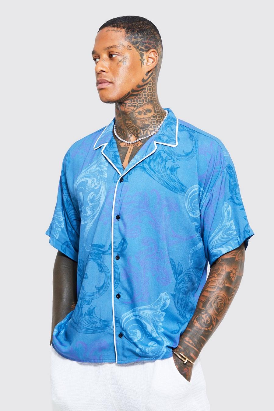 Camisa de viscosa recta con ribete y estampado barroco, Blue azzurro image number 1