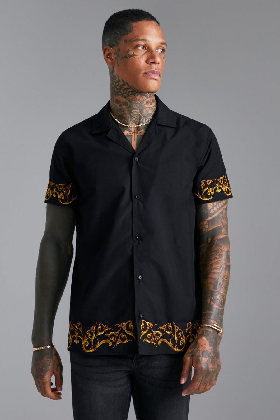 Camicia in cotone a maniche corte con ricami in stile barocco, Black image number 1