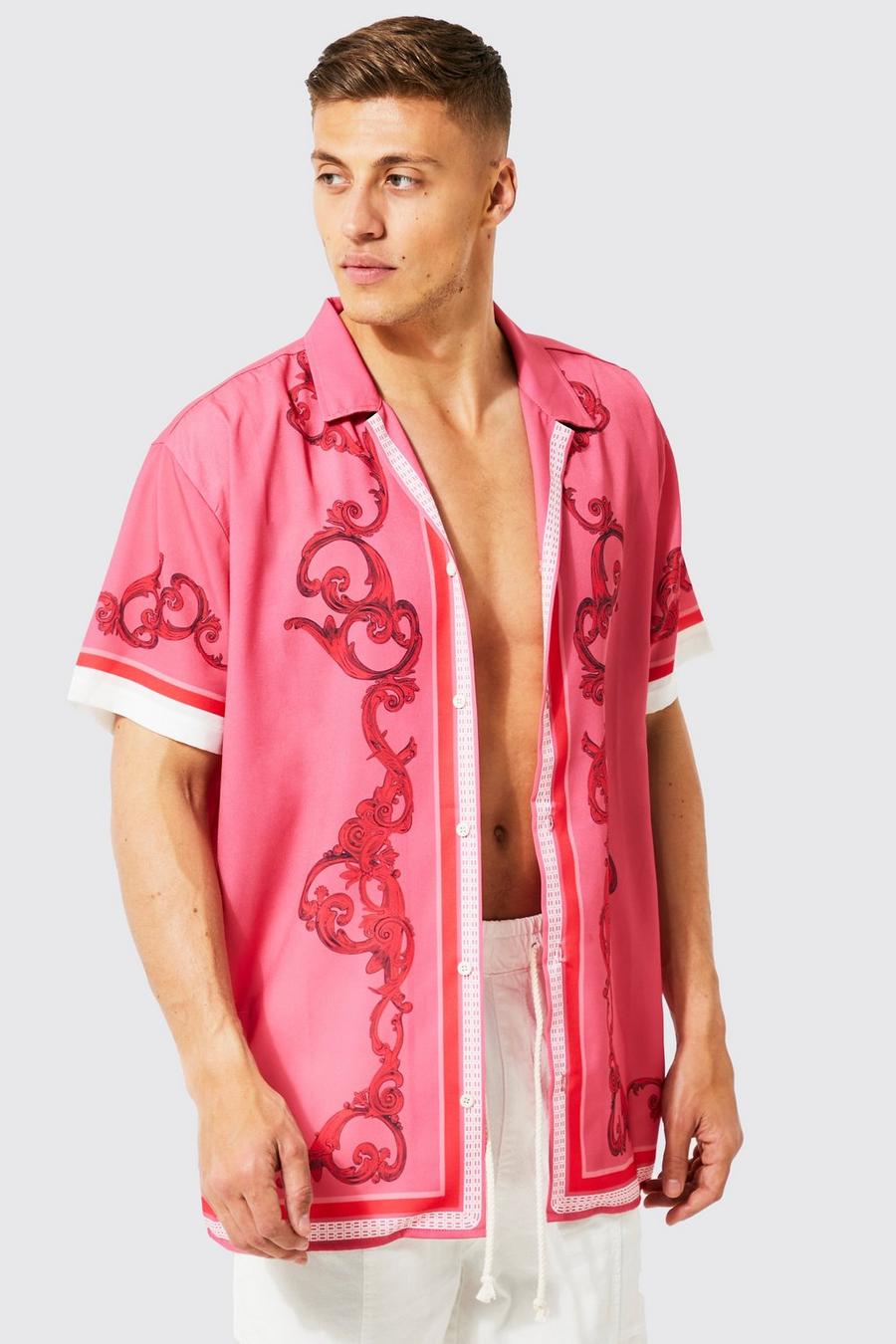 Kurzärmliges Oversize Hemd mit Barock-Print, Pink image number 1