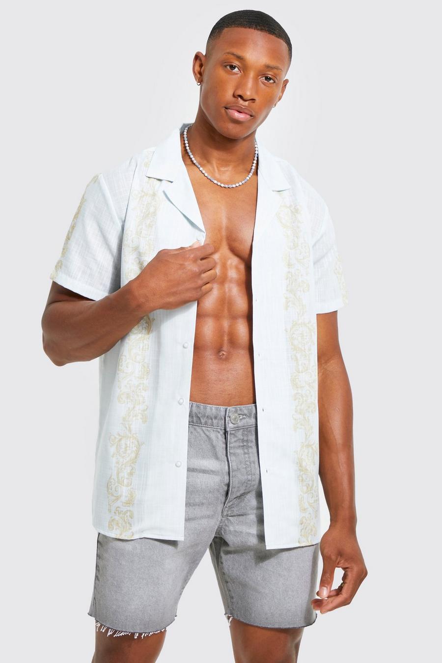 Camisa de manga corta texturizada con estampado barroco, Ecru bianco