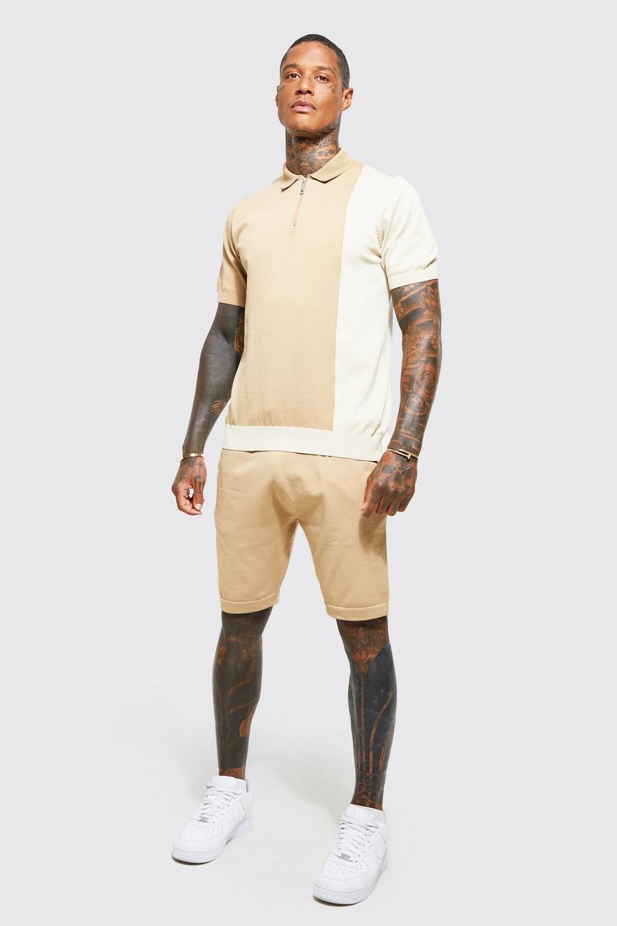 Taupe Short Sleeve Colour Block Knitted Polo & Shorts Set image number 1