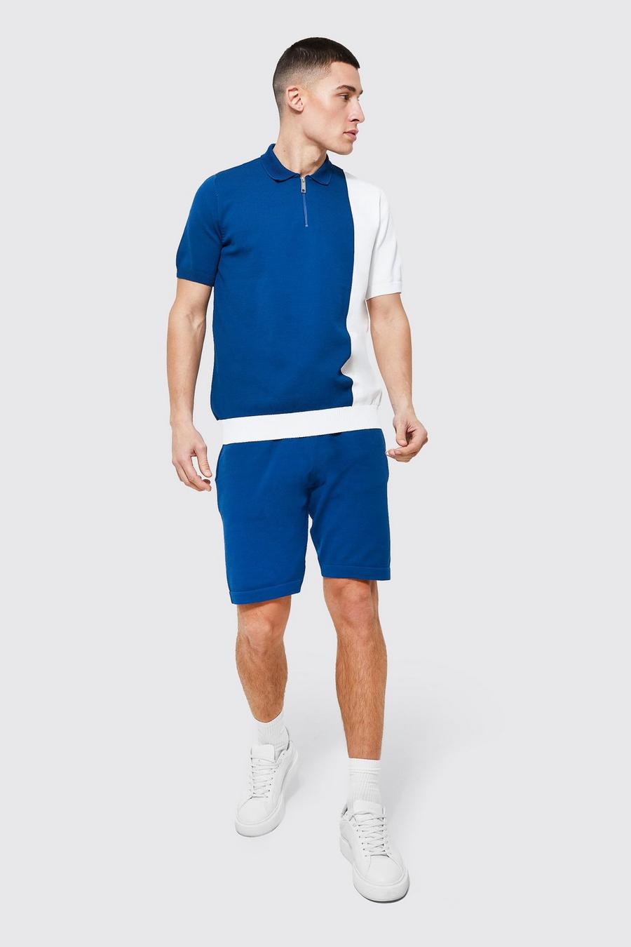 Navy Short Sleeve Colour Block Knitted Polo & Shorts Set image number 1