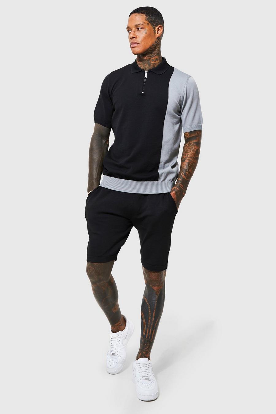 Black Short Sleeve Colour Block Knitted Polo & Shorts Set