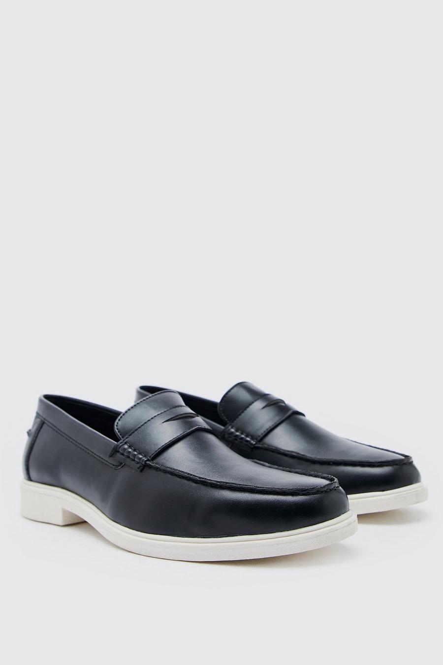 Black Faux Leather Contrast Sole Penny Loafer image number 1